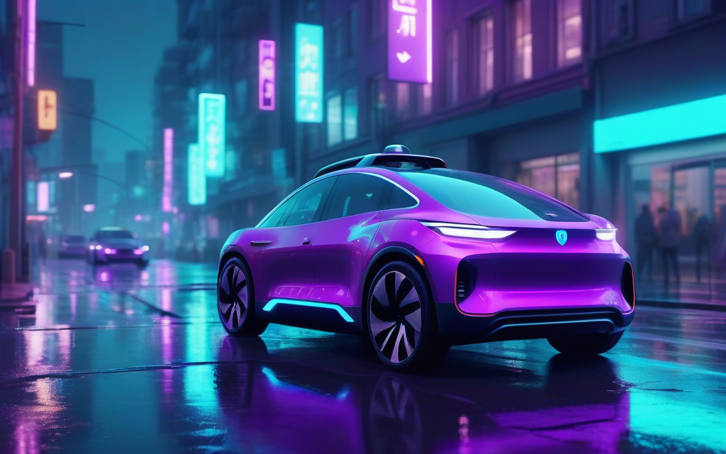 Autonomous electric vehicle in neon smart city