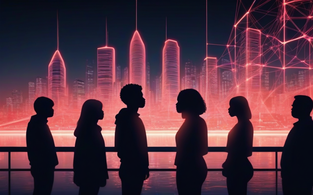 People connected by luminous network threads above a city