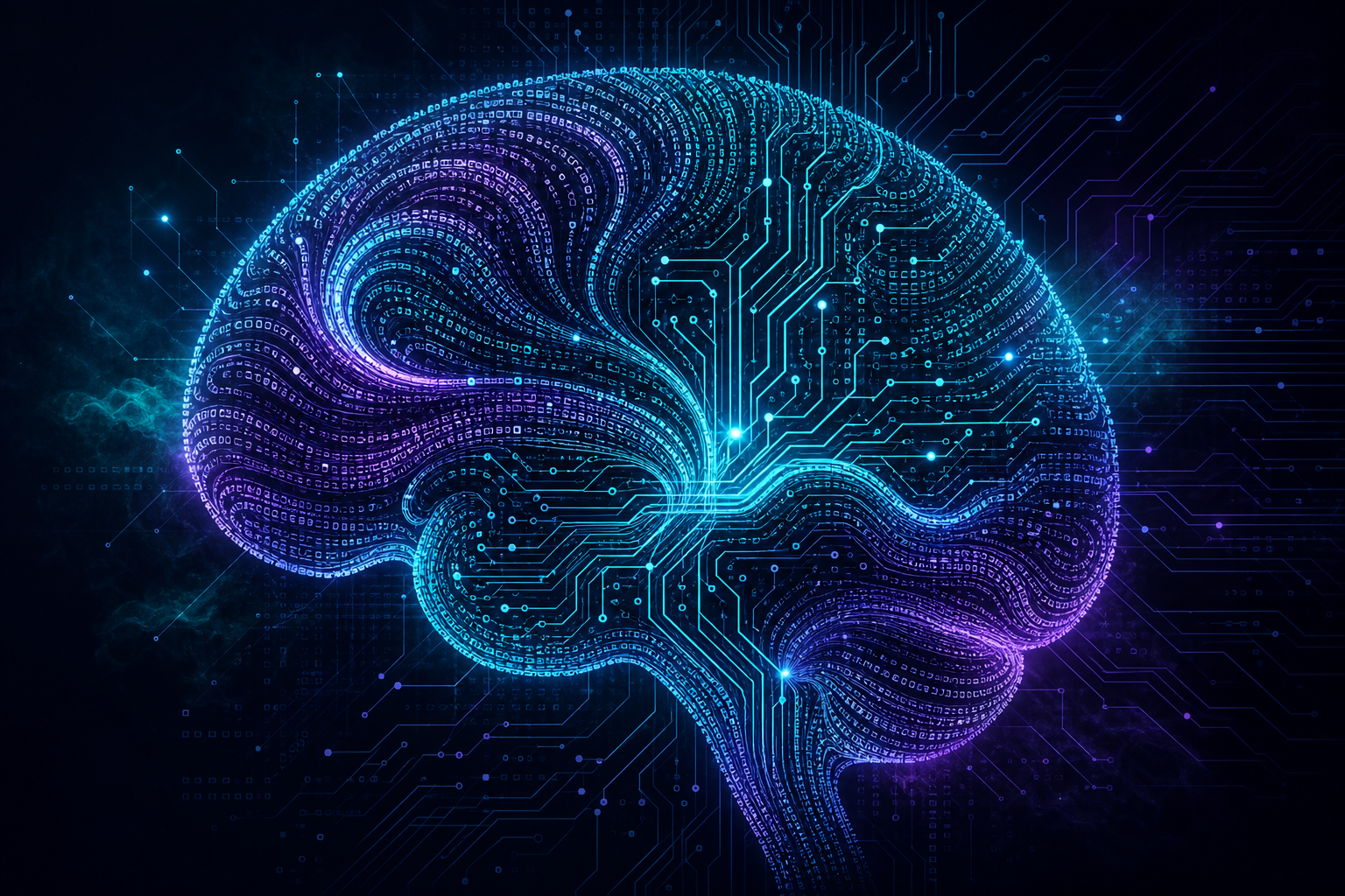 Abstract glowing brain made of text streams and circuitry