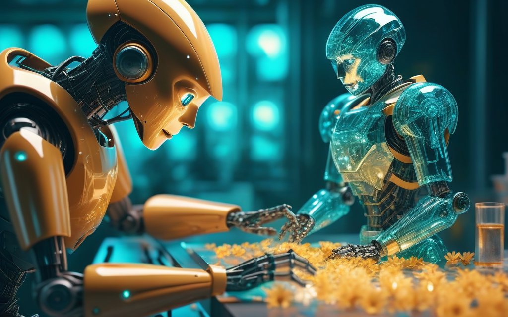 Humanoid robot assembling delicate glass flowers