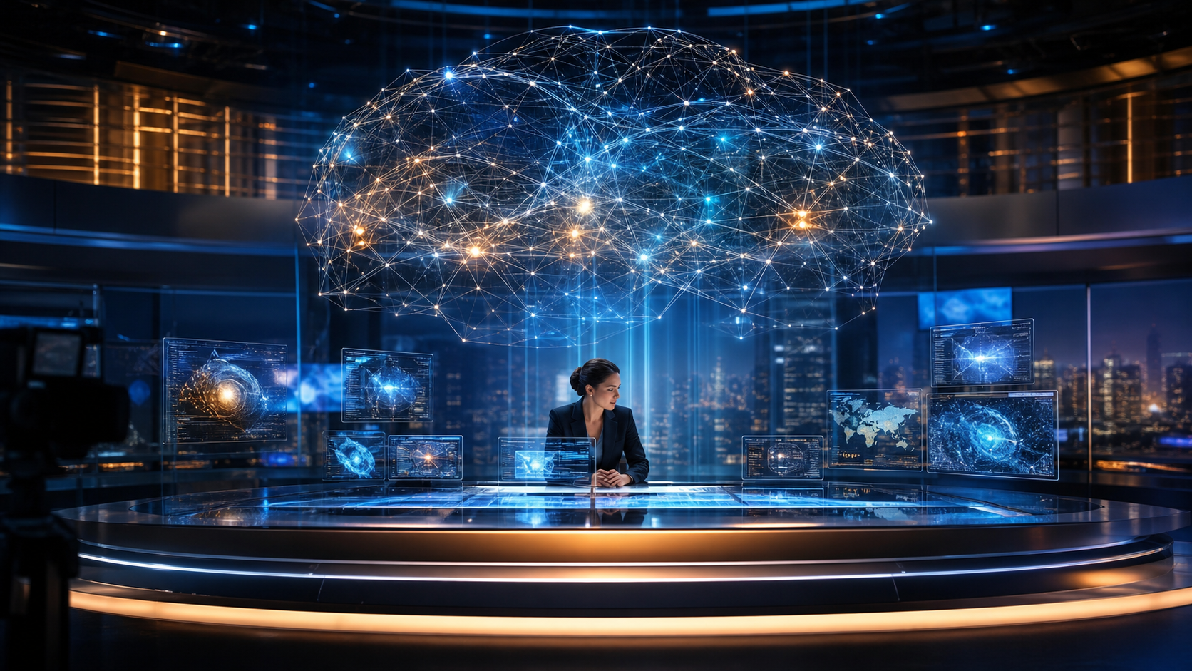 Futuristic AI newsroom with neural network visualization